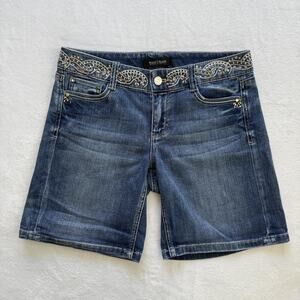 White House Black Market Shorts Womens 2 Blue Denim Bermuda Embroidered Studded